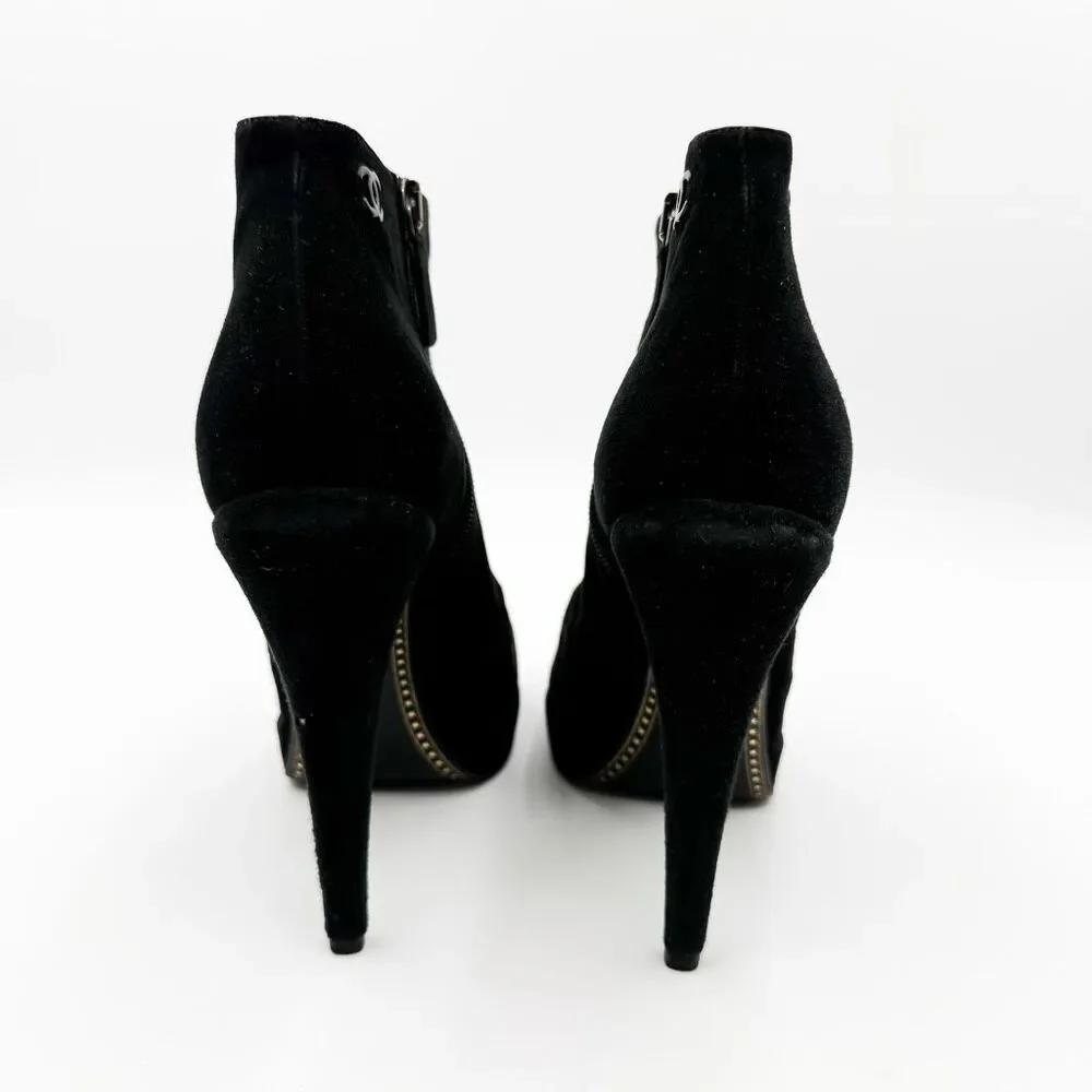 Chanel CC Cap Toe Black Suede Leather Ankle Boots Heels EU 39.5 - Picture 5 of 13